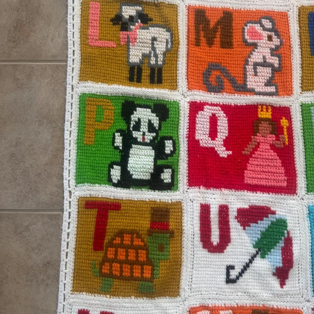 Vintage Handmade Crochet Alphabet ABC Animals Nursery Throw Blanket 41x60